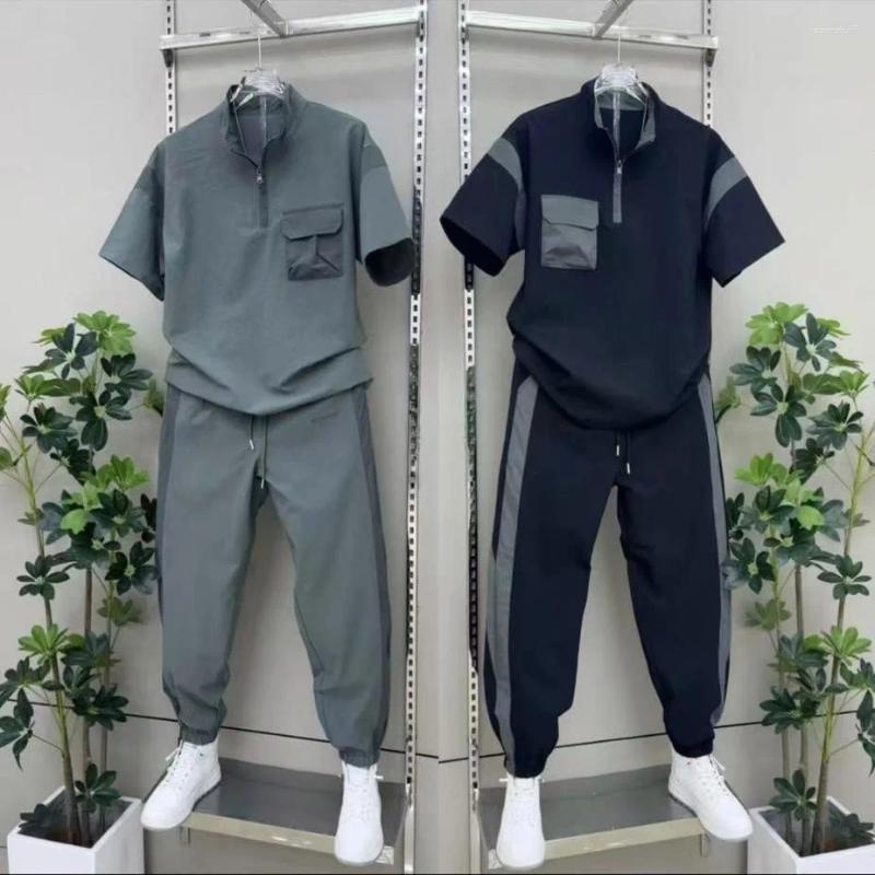 Summer Outdoor Men's Fashion Leisure Breathable Set American Quick Drying Stand Up Collar Spliced Short Sleeve Pants 2pcs