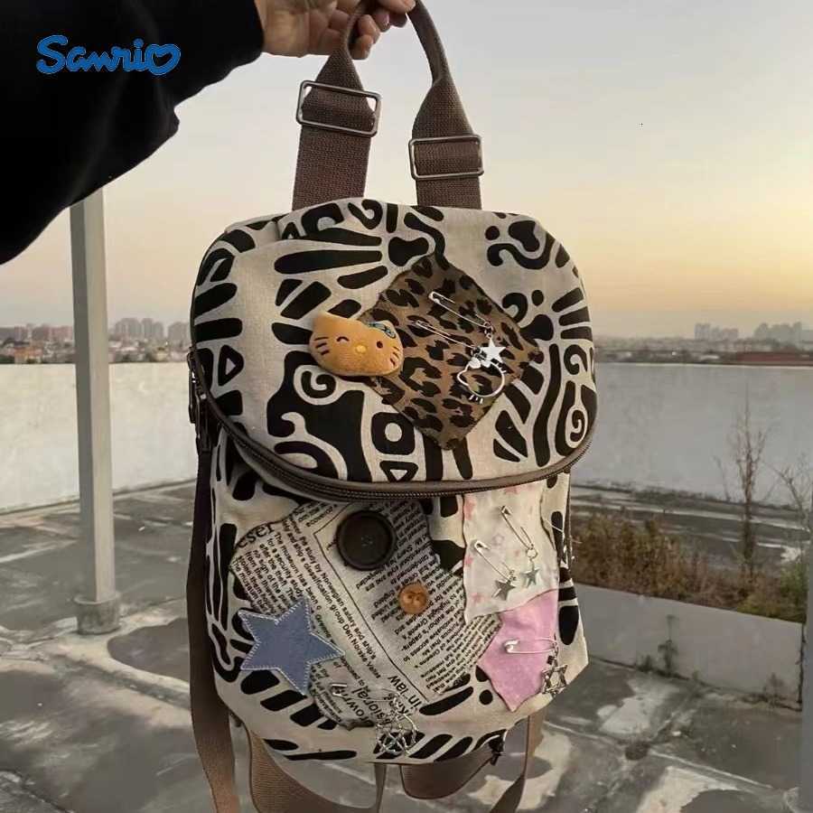 Sanrio Backpacks Cute Cat Travel Backpack for Women Fashionable Casual Commuter High-end Oxford Cloth Women's Backpack Striped School Bag L2609
