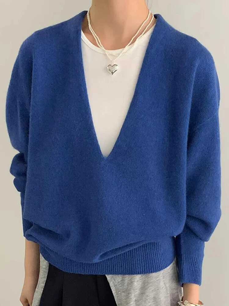 Women's Sweaters Korean Style Lazy Autumn V-Neck Knitted Sweater Women's Elegant Deep V-Neck Klein Blue Fashionable Top Commute Style Regu