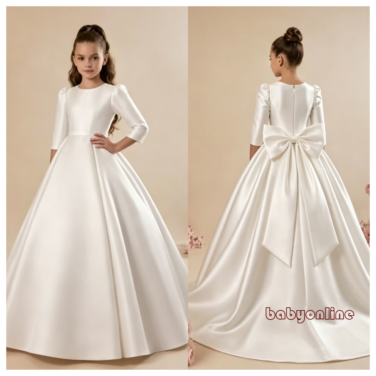 Vintage White Ivory Satin Flower Girl Dresses New Long Sleeve A-Line With Bow Back Kids Evening Party Gowns Formal Girls Wedding Party Princess Dres