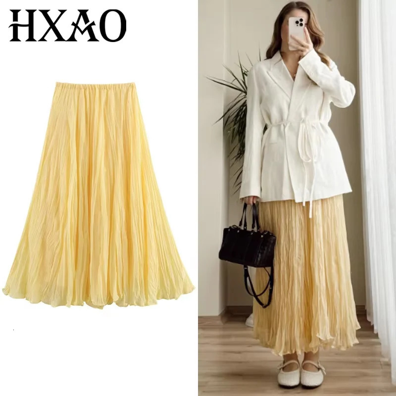 HXAO Womens Skirt Yellow Pleated Summer Midi Ruffle High Waist Long Skirts For Women Elegant Casual Vacation 260923