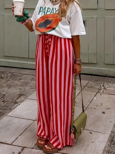 Cross Border TK Amazon Spring Summer New European And American Women S Loose Casual Color Block Striped Print Straight Leg Pants