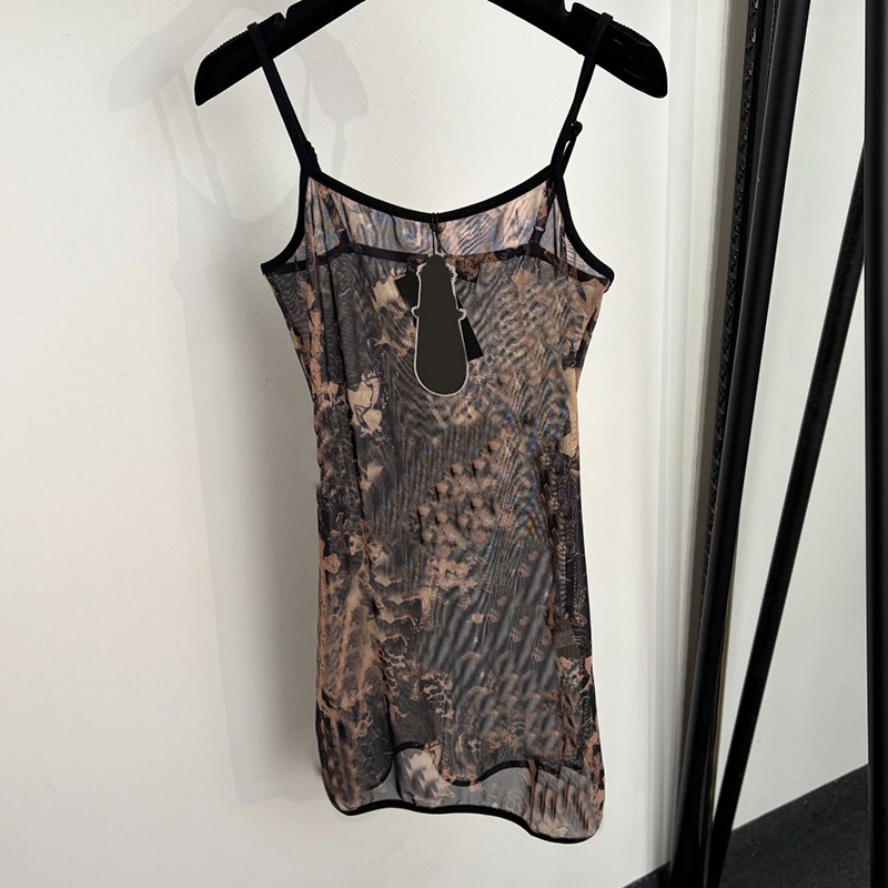 Women Sheer Mesh Dress Luxury Sexy Cross Print Slip Fitted Dress Brand Y2K Style Travel Vacation Club Dress