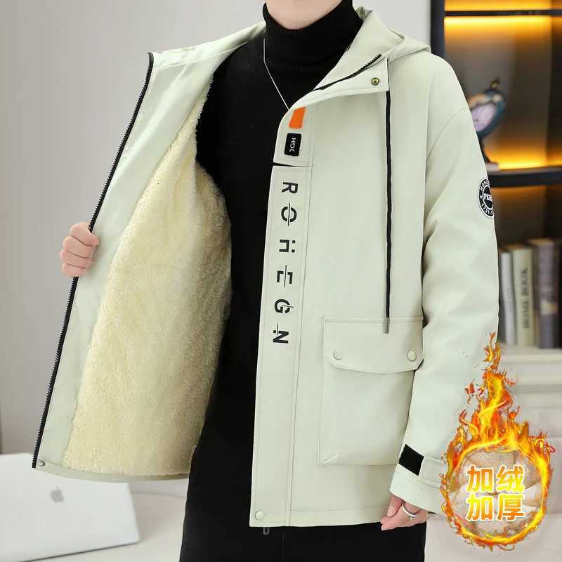 Men's Down Parkas New Mid-Length Warm Parkas Winter Men's High Street Wear Windproof Hooded Plush Wool Liner Jacket Thick Fleece Coat C260