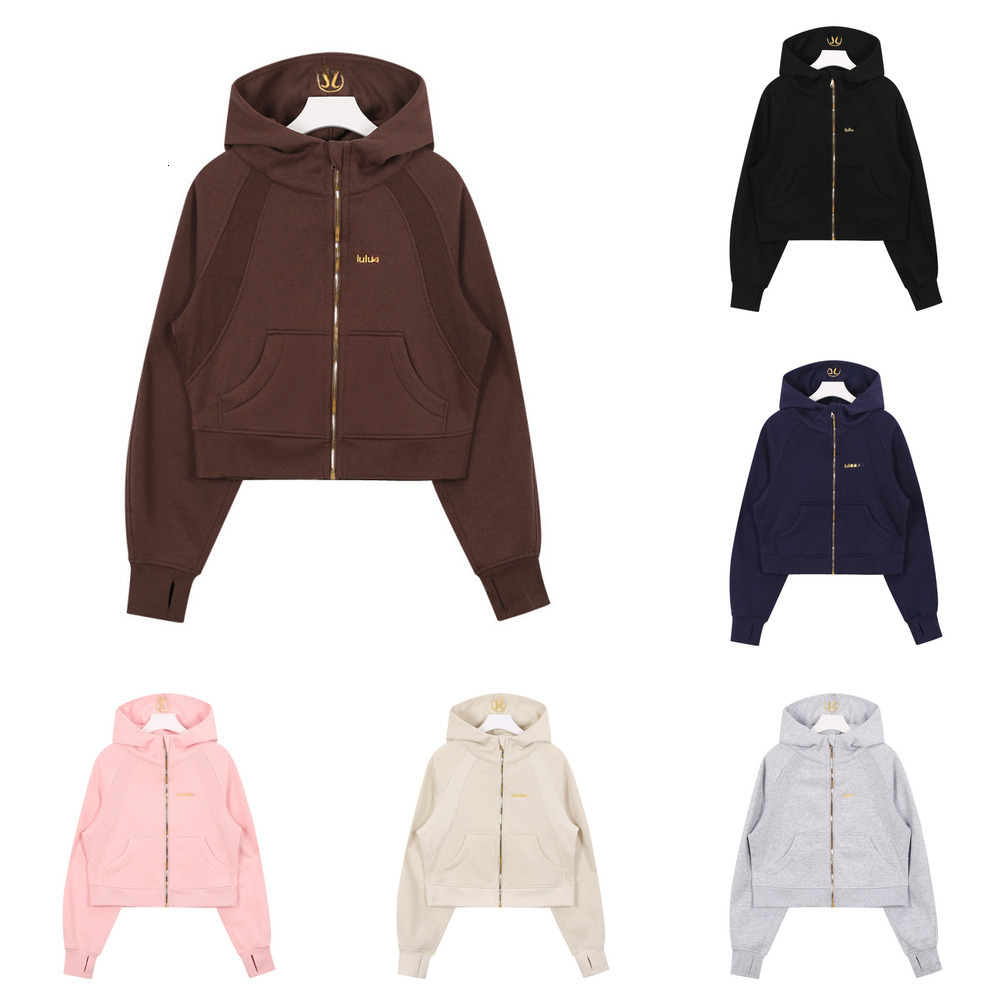 Womens Designer Cropped Hoodie Full Zip Up Oversized Fleece Lined Thumb Hole Yoga Athletic Casual Jacket Tops