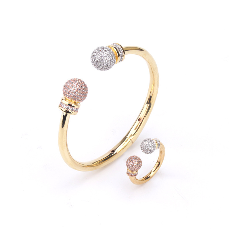 Simple and stylish spherical bracelet, three-color electroplated, with micro-paved cubic zirconia, open-ring bracelet set,