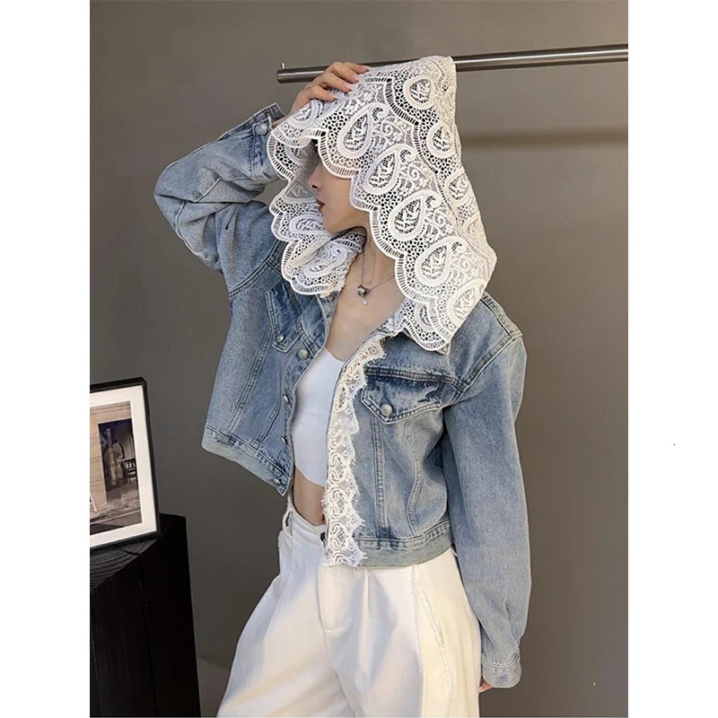 Vintage Hooded Denim Jacket Women Harajuku Cropped Lace Patchwork Jeans Coats Korean Long Sleeve Casual Short Outerwears 260923