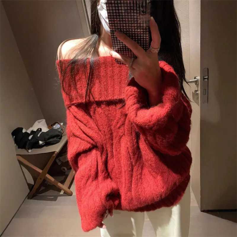 Women's Sweaters Lazy Style Solid Color Knitted Sweater Women Autumn Winter New Loose Off Shoulder Pullover Sweaters elegant Gentle Female Tops