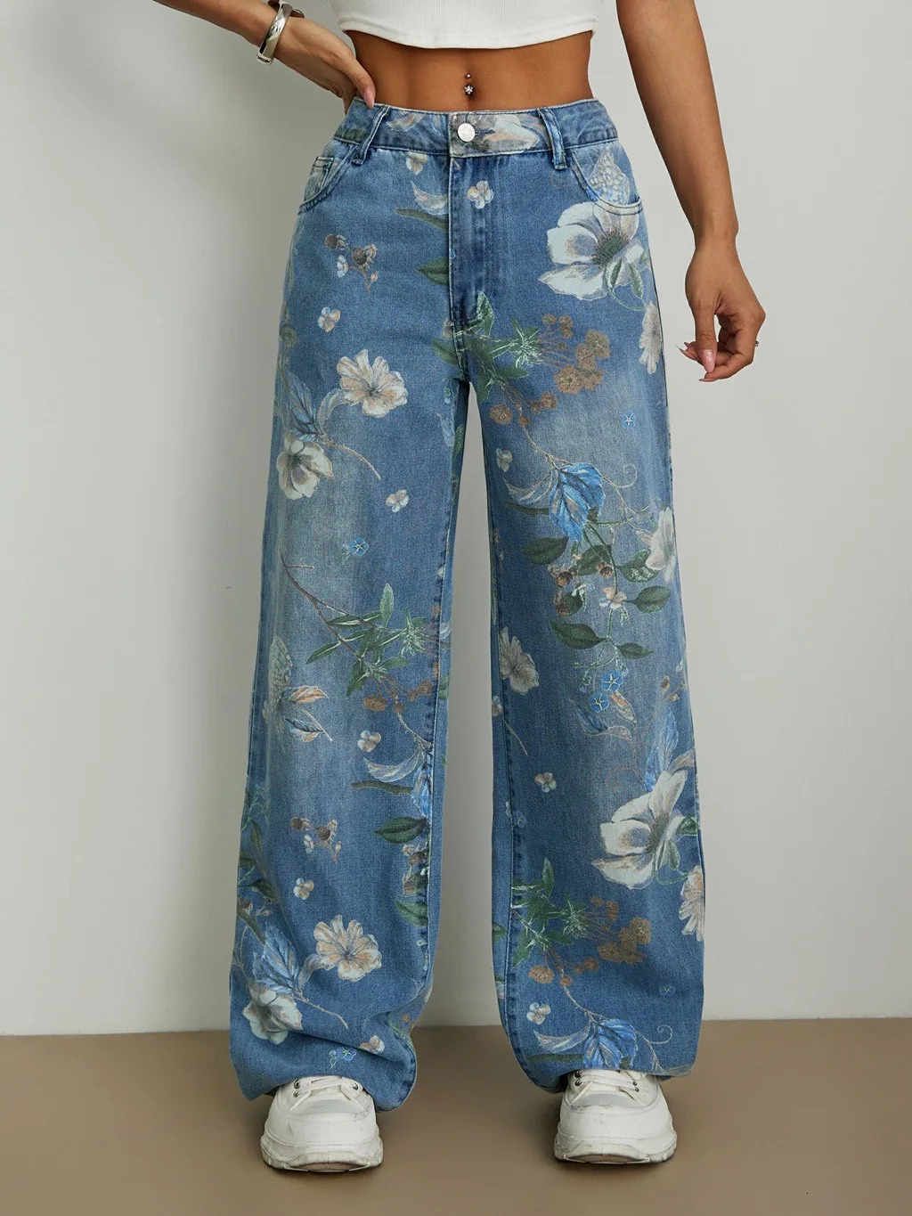 Jeans a gamba larga con stampa floreale vintage per donna Pantaloni dritti larghi a vita alta Pantaloni in denim lunghi con stampa floreale retrò St