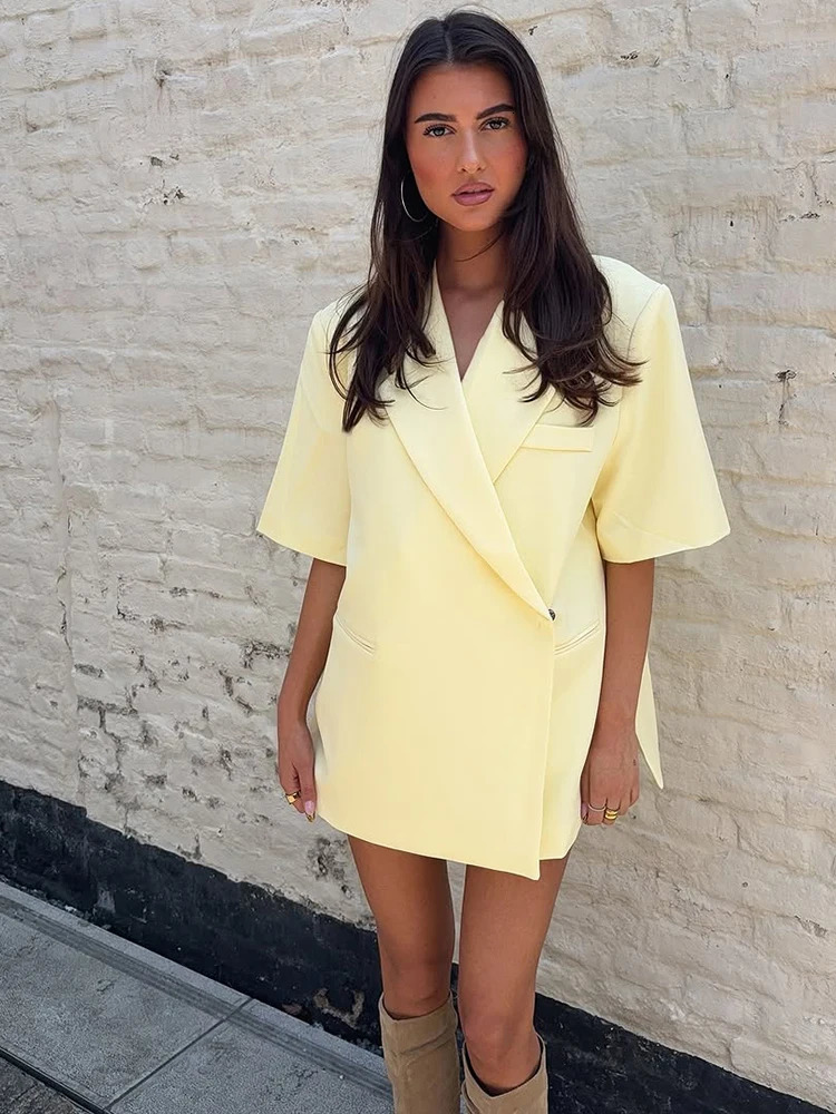 Butter Yellow Cropped Blazers Coats Women's Fashion Lapel Loose Half Sleeve Jacket Summer Office Lady Commute Streetwear 2026 260922