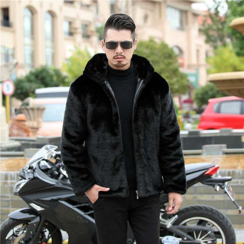 New Arrival Top Fashion Winter Warm Flowing Gold Mink Imitation Sheared Fur Zipper Men's Solid Hooded Jacket 1