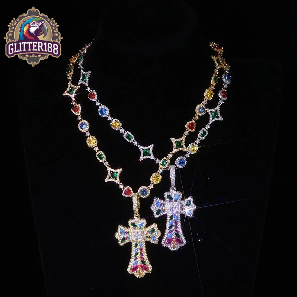 2026 new style Iced Out Colorful Cross Pendant Necklace Gold Plated Large Baguette Moissanite Diamonds Custom Charm Design Hip Hop Jewelry