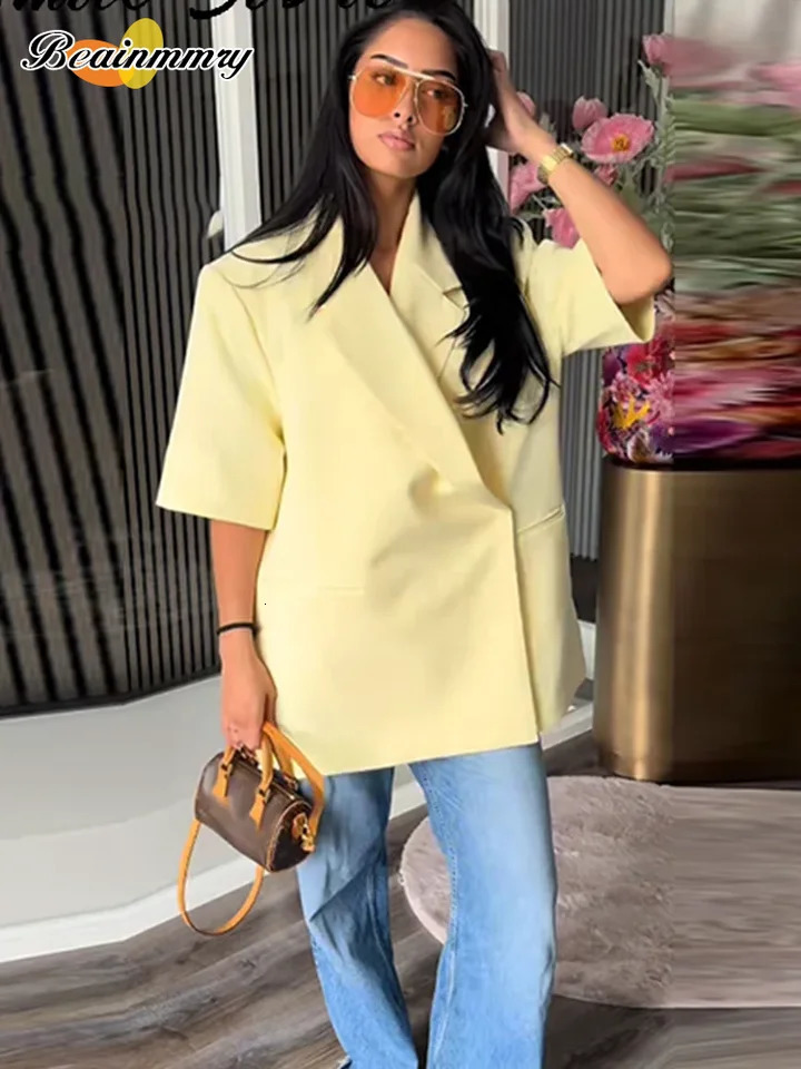 Women Butter Yellow Cropped Blazers Coats Lapel Loose Half Sleeve V-neck Jacket Office Lady Casual Commuting Wear Summer 260922