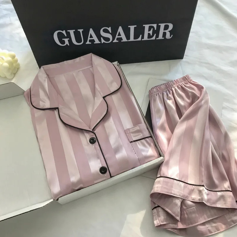 2Pcsset Ice Silk Womens Pajamas Short Sleeve Pants Simulation Home Clothing Solid Color Striped Student S L 260922