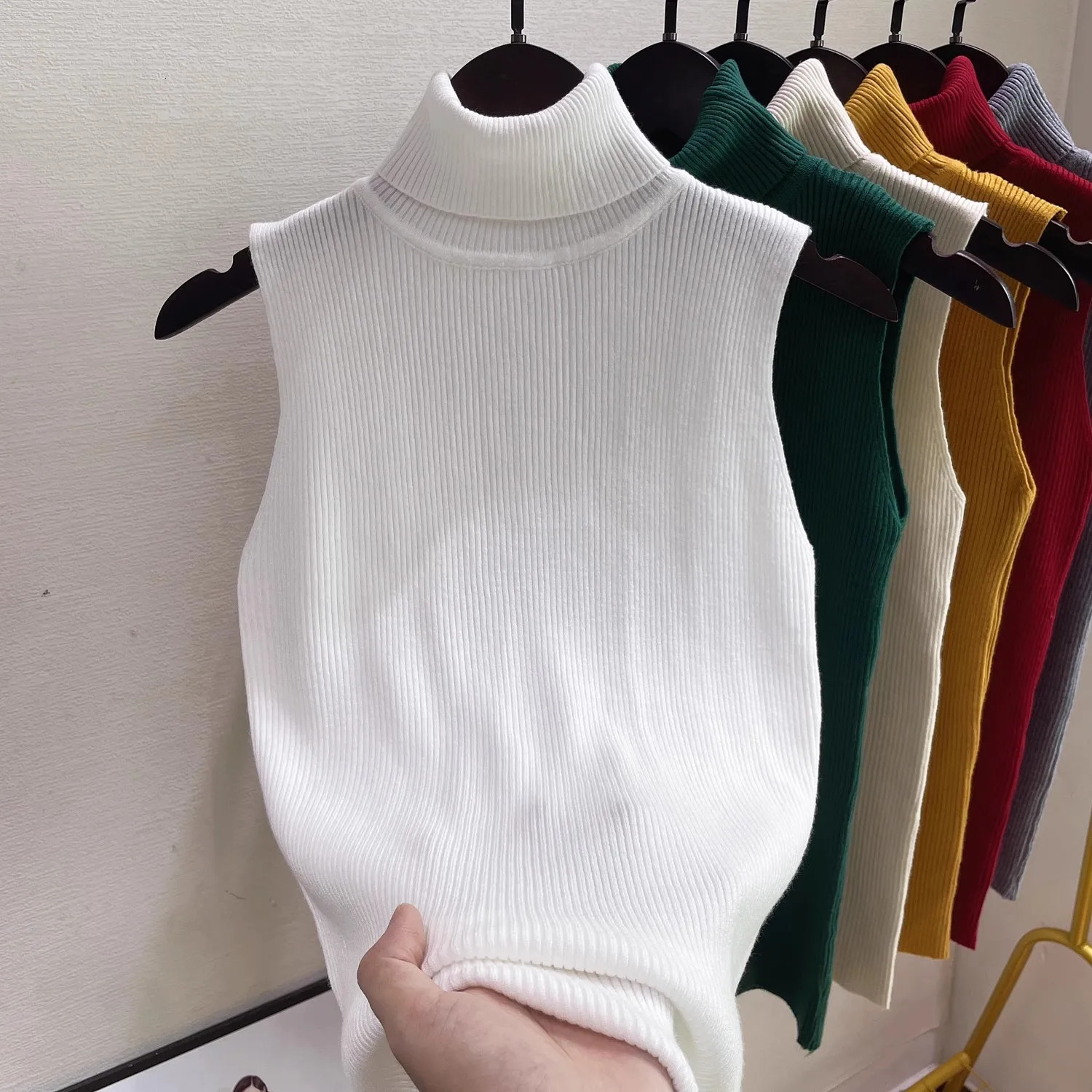 2026 Sexy Sleeveless Sweater Women Tank Tops Winter Turtleneck Sweater Women Simple Versatile Slim Solid Knitted Sweater Vest 260923