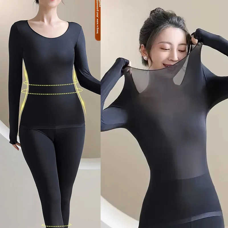 Underwear Women's Thermal 2pcs Thermal Underwear Sets for Woman Autumn Winter Bottoming Shirt Long-sleeved T-shirt Thin Thermal Top Women'