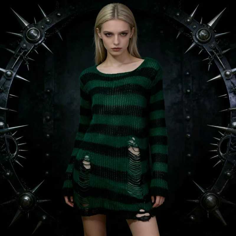 Women's Sweaters Spring Autumn New Women's Punk Gothic Oversized Pullover Sweater Striped Hollow out Cool Harajuku Aesthetics H260923