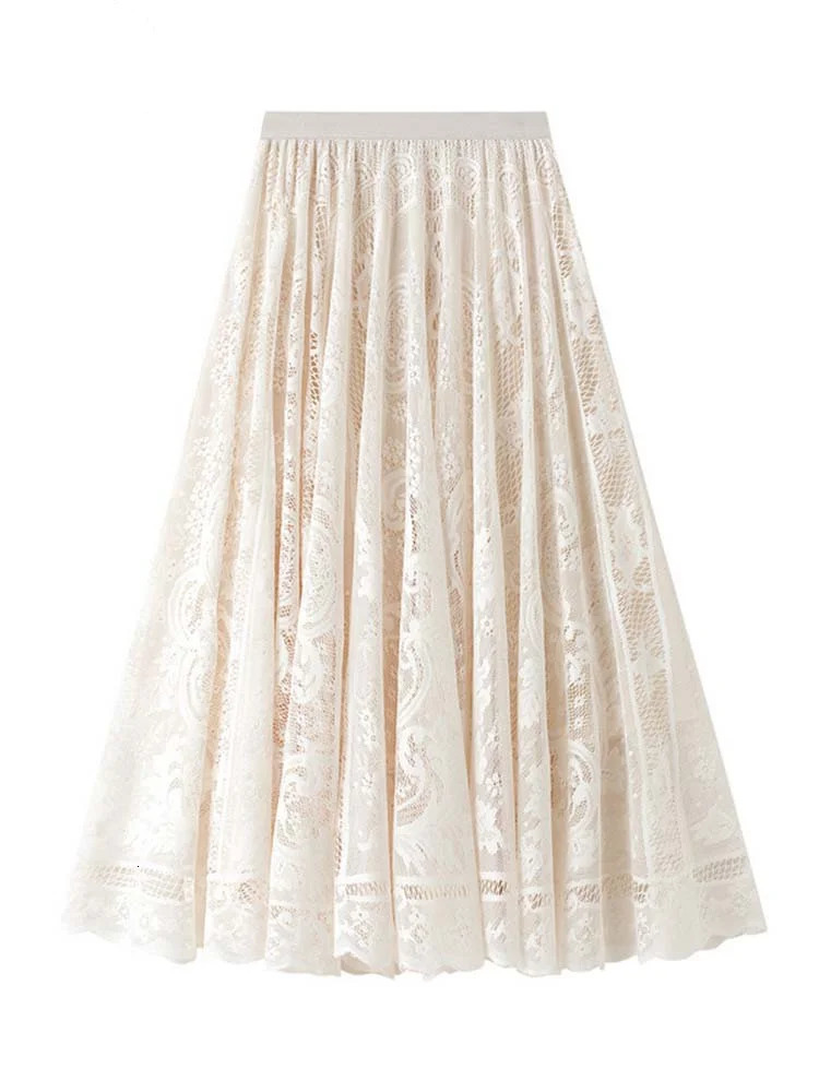 Spring Summer Women Lace Skirts Solid High Waist Elastic Vintage Elegant Office Ladies White Black Chic Long Jupe Longue 260923