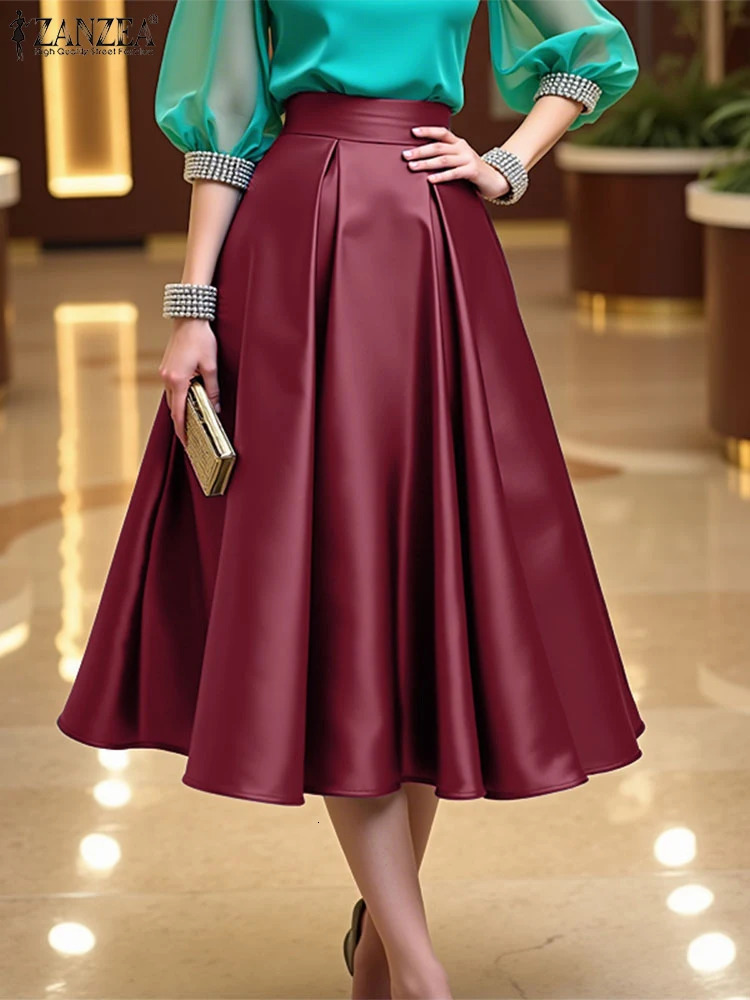 ZANZEA Elegant High Waist Party Satin Skirts Summer Women Fashion Aline Work OL Skirt Jupe Vestidos Solid Midi Faldas Saia 260923