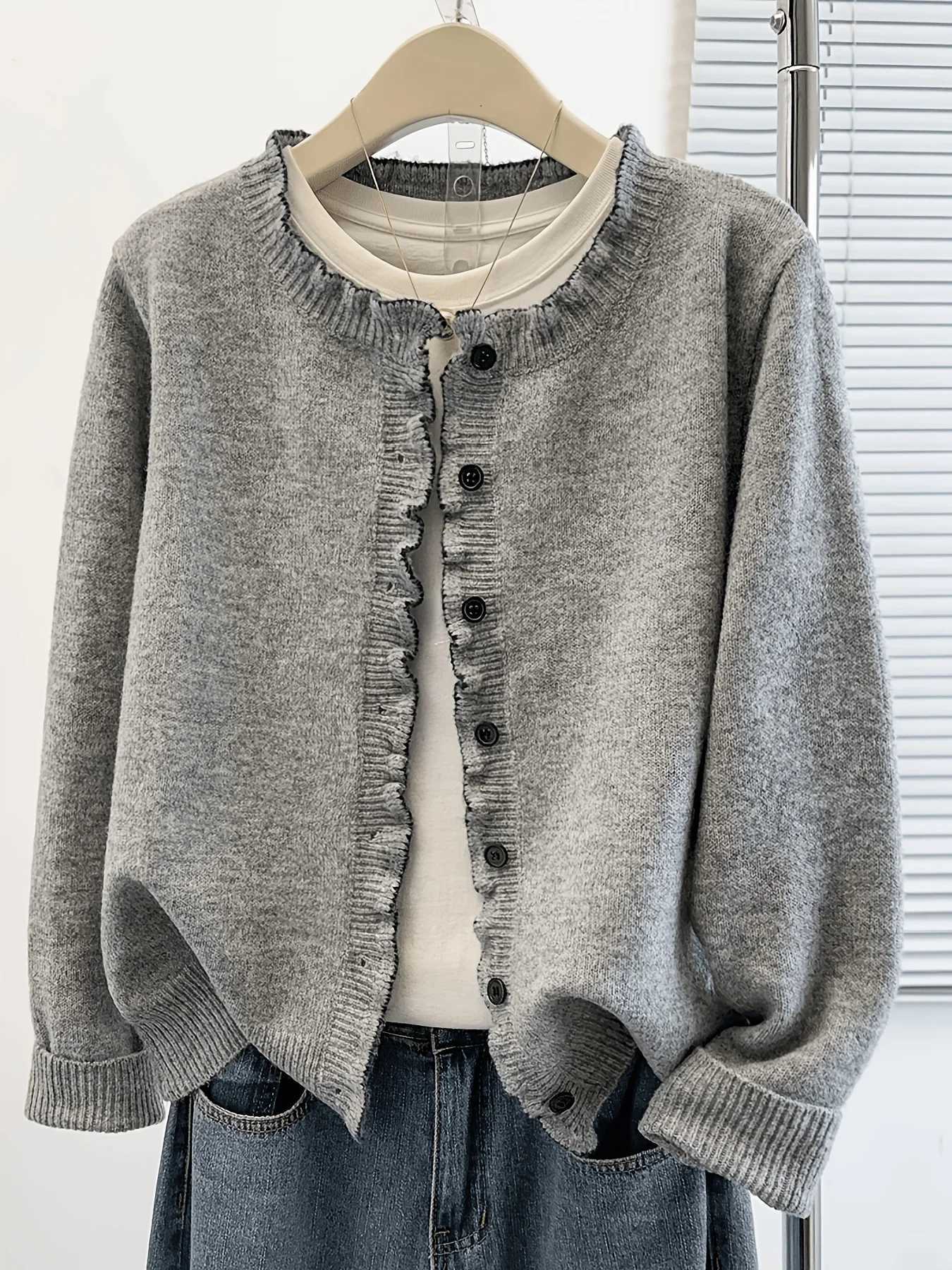 Women's Sweaters Spring Autumn New Women Ruffle Lace Button Front Knitted Cardigan Long Sleeve Casual Short Fashion All-match Ladies Sweater H2