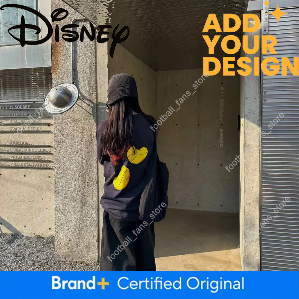 American Trendy Brand Mickey Mouse Print Black Long-Sleeved T-Shirt for Women, Early Spring and Autumn Loose-Fitting Couple's Wear, Round Neck