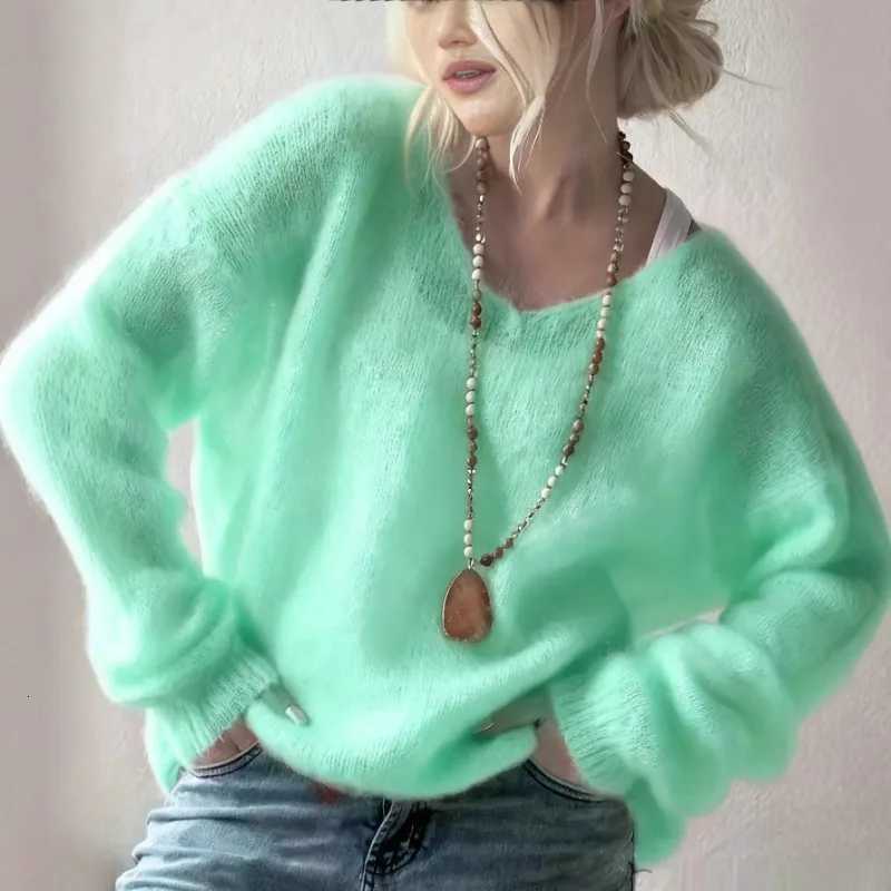 Women's Sweaters Women V Neck Fluffy Knit Sweater Solid Color Oversized Long Sleeve Pullover Casual Top For Autumn Winter H260923