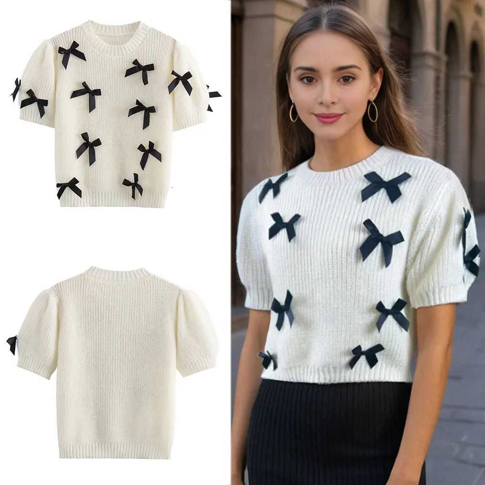 Women's Sweaters HH Spring Women Cute White Short Sleeve Sweater With Bow Decoration O-Neck Warm Knitted Pullover Autumn Casual Cropped Sweater