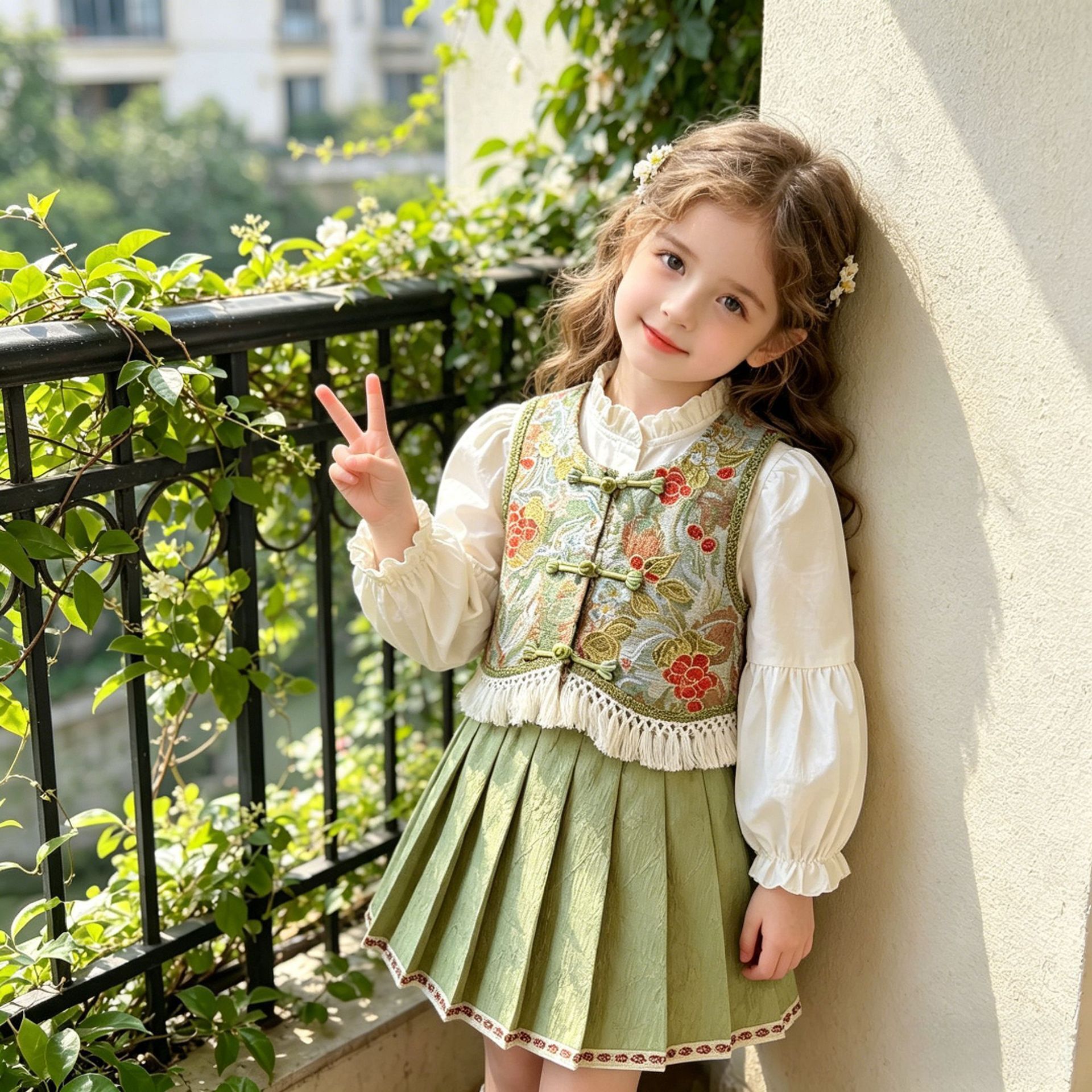 Ready-to-ship girls' spring and autumn new Chinese-style set: national-style vest shirt + pleated skirt three-piece outfit