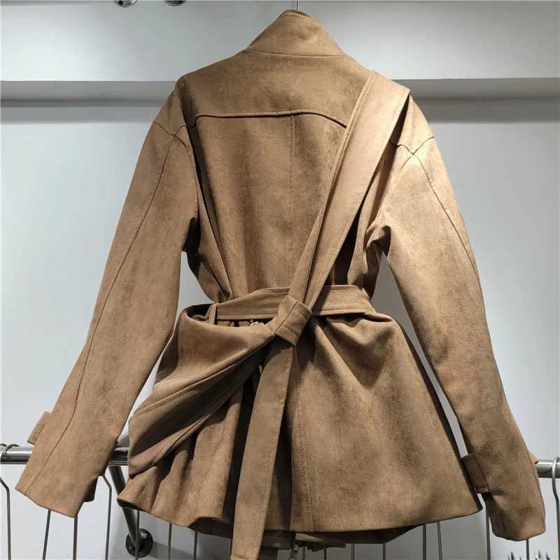 Autumn New Versatile 2025 British Style Design Loose Suede Stand Collar Trench Coat for Women with Bag M260922