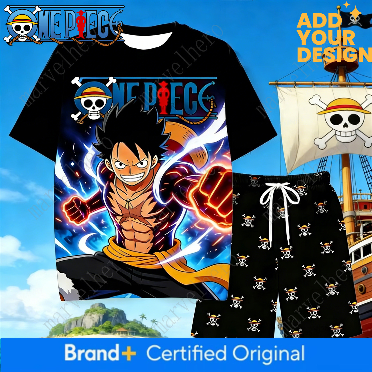One Piece Luffy Pajama Anime Skull Character Sleepwear Soft Short Sleeve T-Shirt and Shorts for Men Women Summer Set