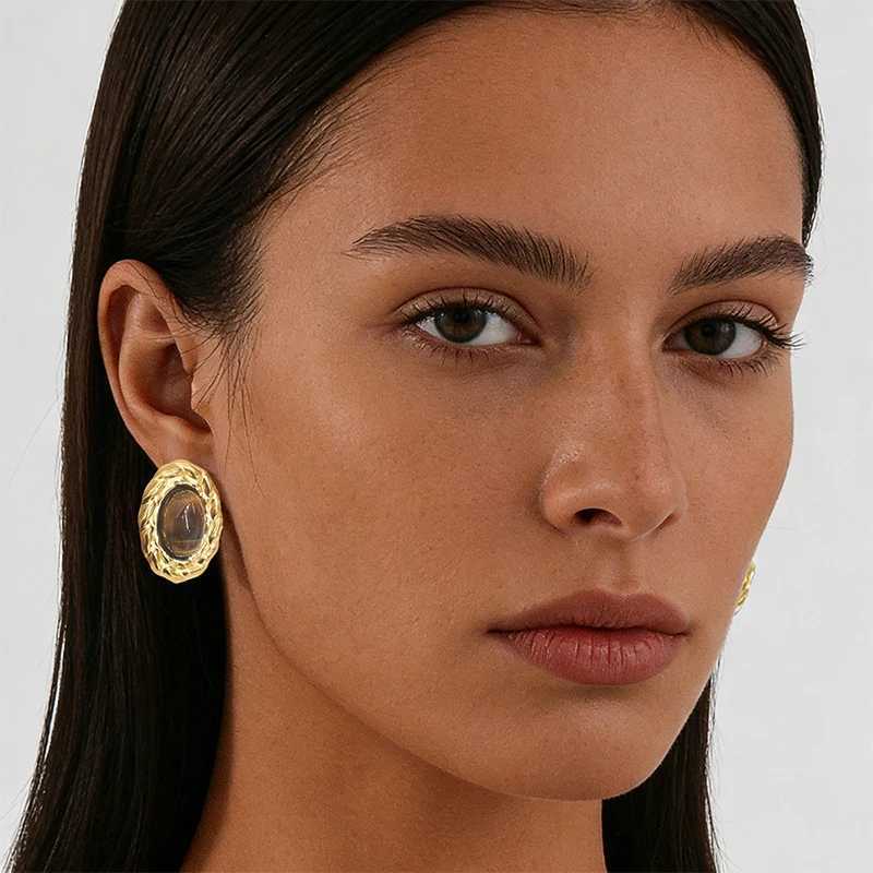 Vintage Geometric Stainless Steel Ear Clips Female 18K Gold-Plated Simple Natural Stone Waterproof Non Pierced Earrings Jewelry M260923