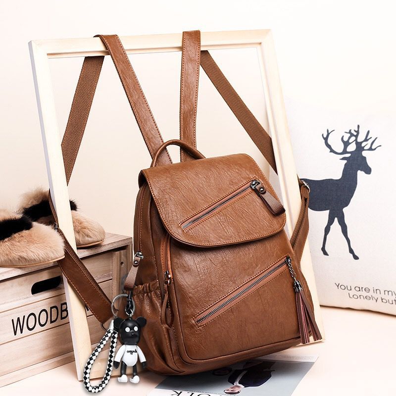 Women Black Soft Faux Leather Backpack Tassel Decor Zipper Pockets Flip Cover Large Capacity Casual Travel Bag