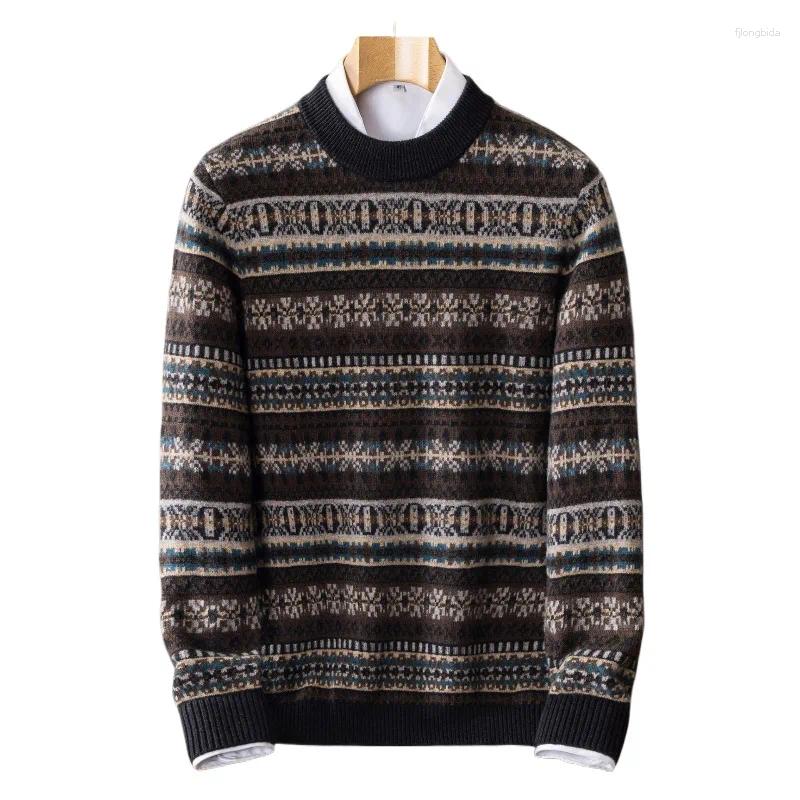 Arrival High Quality Pure Cashmere Men Retro Jacquard Striped Round Neck Thick And Warm Knit Sweater Winter Plus Size S-5XL