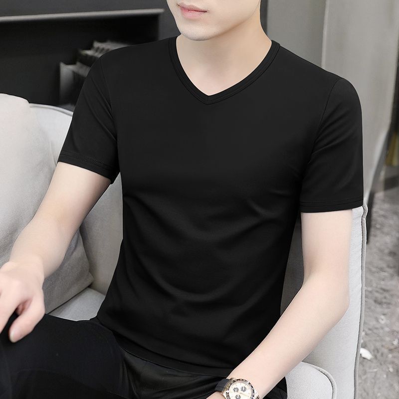 Men's short-sleeve V-neck slim-fit T-shirt, base layer underwear, elastic plus-size solid color half-sleeve