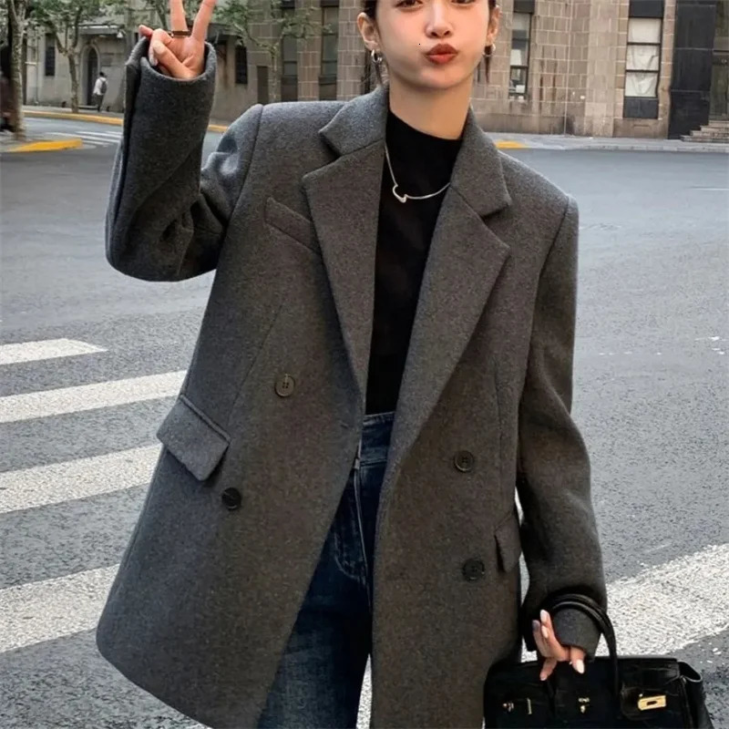 British Style Woolen Coat Women's 2026 Autumn Winter Retro Suit Jacket Ladies Microfat Wool Outerwear Loose Blazer Outcoat 260916
