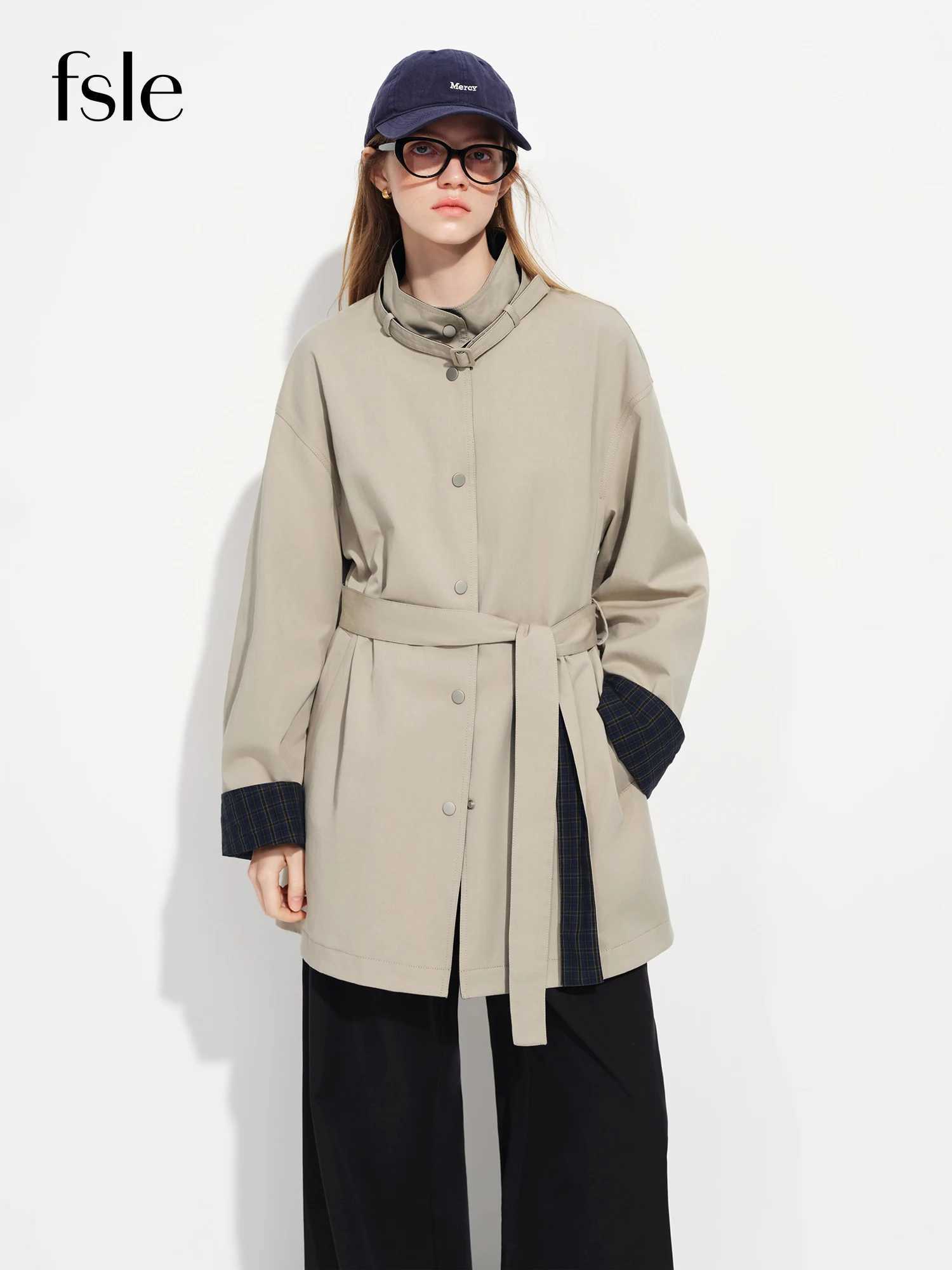FSLE Classic Versatile Short Trench Coat for Women New Spring 2026 Style Stand Collar Dropped Shoulders Relaxed Fit M260922