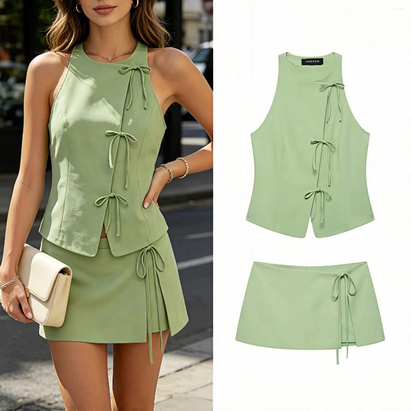 Casual Bow Sleeveless 2 Piece Shorts Set For Women Side Zipper Mid Waist Summer Fashion Outfit Sets Trendy Clothes