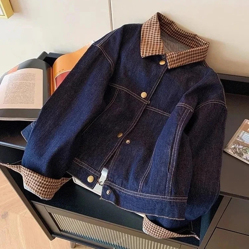 Women Vintage Denim Coat Fall Winter Plaid Patchwork Button Long Sleeve Jacket Loose Casual Simple Retro Streetwear Jackets 260923