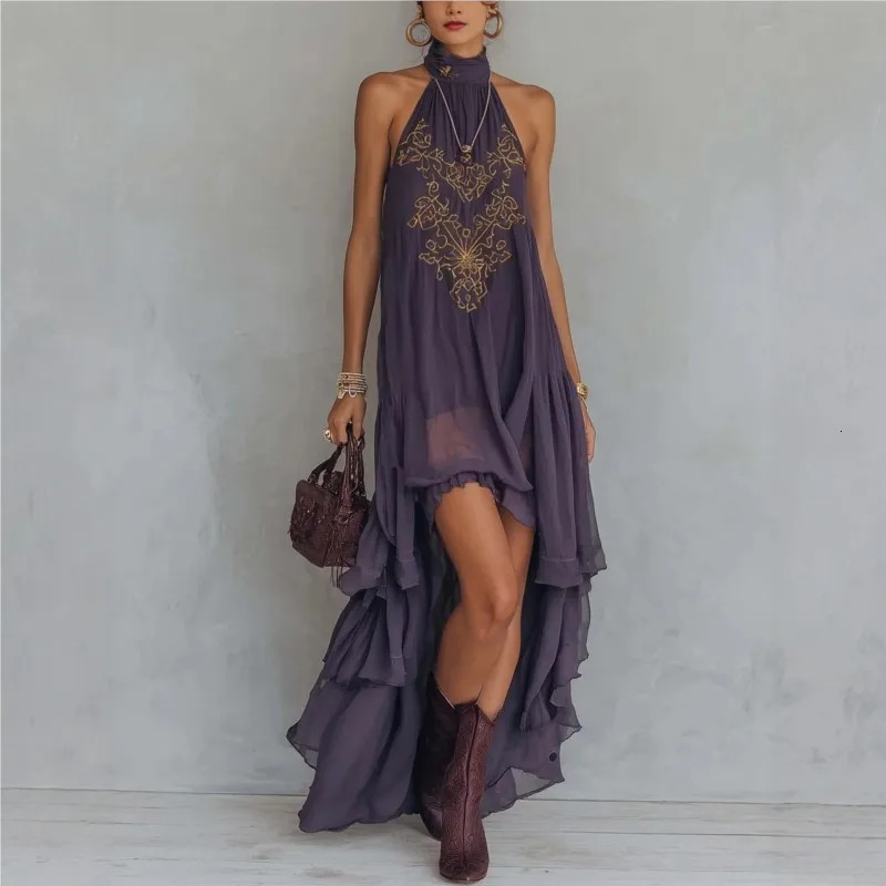 summer Fashionable Dress European and American Style Purple casual elegant Turtleneck Sleeveless Ruffled Long Dress 260922