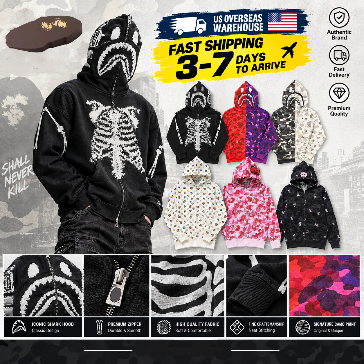 Mens Hoodies Designer Hoodies Baphoodie Jacket Full Zip Up Shark Hoodies Men Women Hoodie High Quality Hip Hop Y2k Camouflage Hoodies