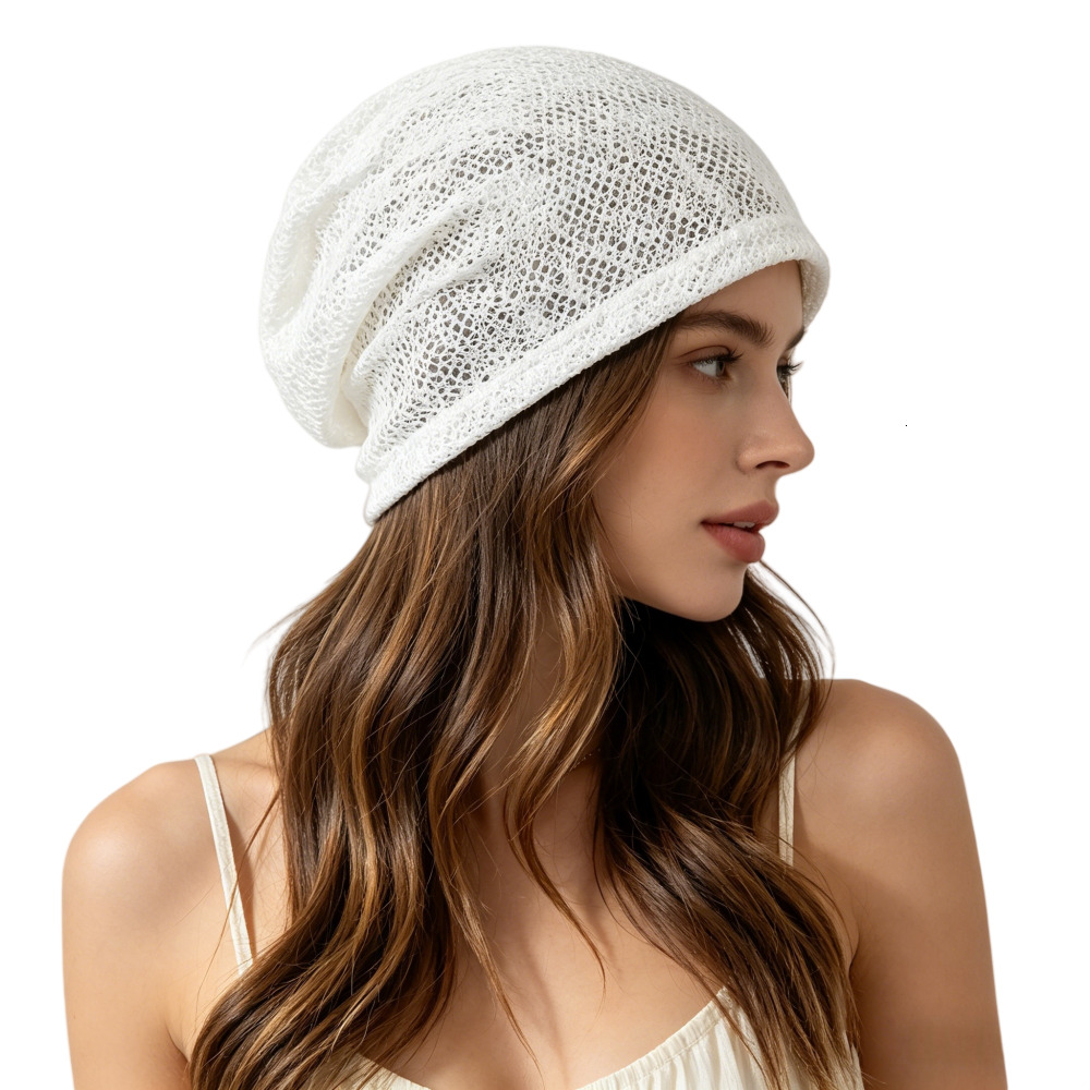Women Summer Mesh Hat White Hollow Out Knit Slouchy Beanie Breathable Lightweight Casual Street Style Headwear