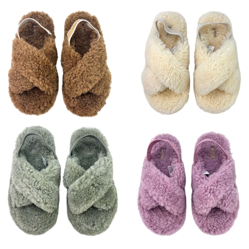 Fluffita Cross Strap Plush Furry Platform Slippers Soft Curly Fur Open Toe Slide Sandals with Back Strap Non Slip Thick Sole Winter Warm Home Outdoo