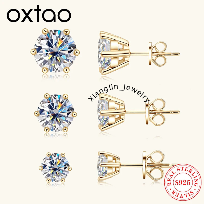 OXTAO 18K White Plated 0.5-2ct Moissanite Diamond Stud Earring Real 925 Silver Wedding Earring Luxury Women's Jewelry Certified