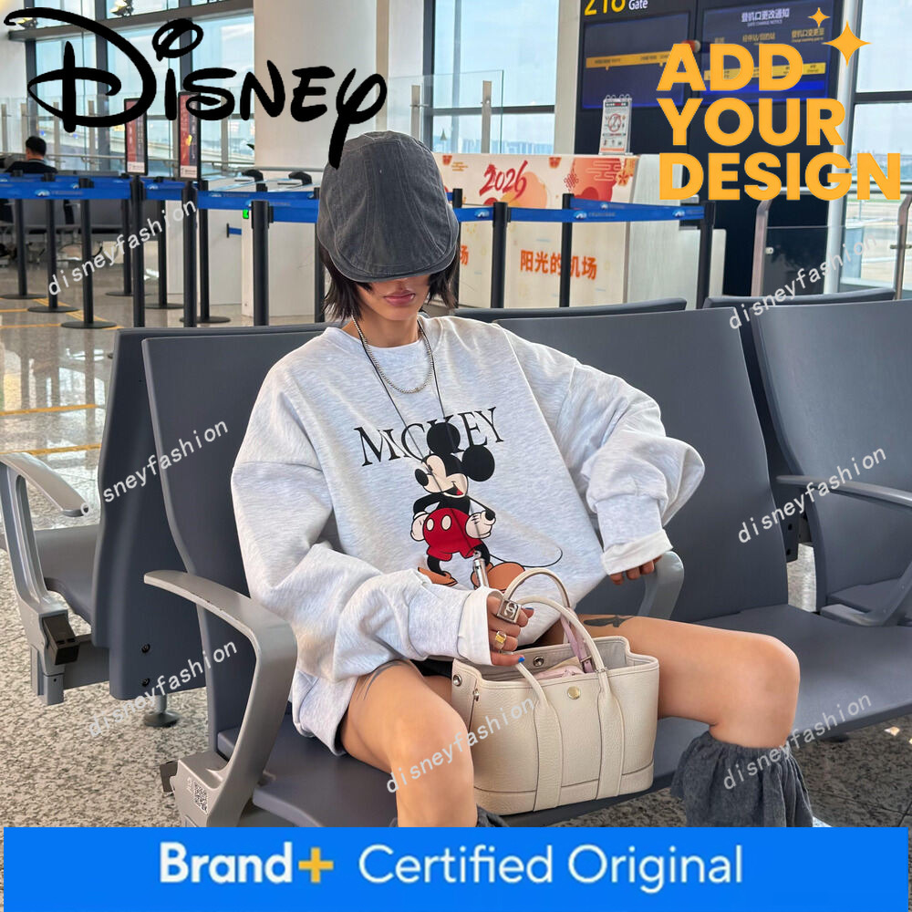 Playful and Casual Oversized~Cartoon Fun Mickey Print Loose Fleece-Lined Crew Neck Korean Style Women's Sweatshirt for Autumn d6
