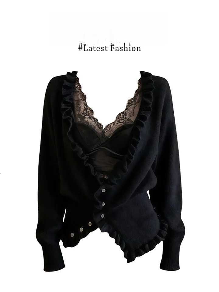 Women's Sweaters Korean Style Lace Splice Knitted Sweater Coat Women's Summer New Design Sensual Girl Top Pure Desire Lotus Leaf Lace Pat.
