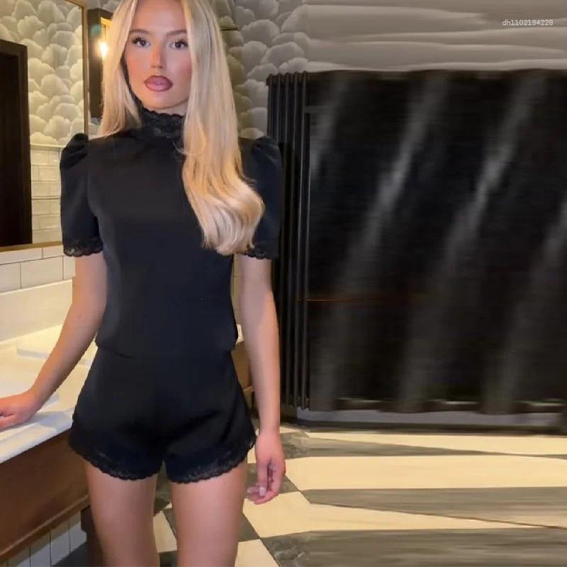 Women's Satin Lace Edge Top Short Sets High Neck Padded Shoulder Blouse Low Waist Shorts 2026 Lady Spring Summer Outfits