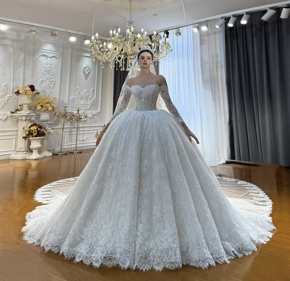 Luxury Church Wedding Dresses Off The Shoulder Long Sleeves Embroidery Lace Princess A Line Bridal Gown Vestidos De Novia Robe De Mariage