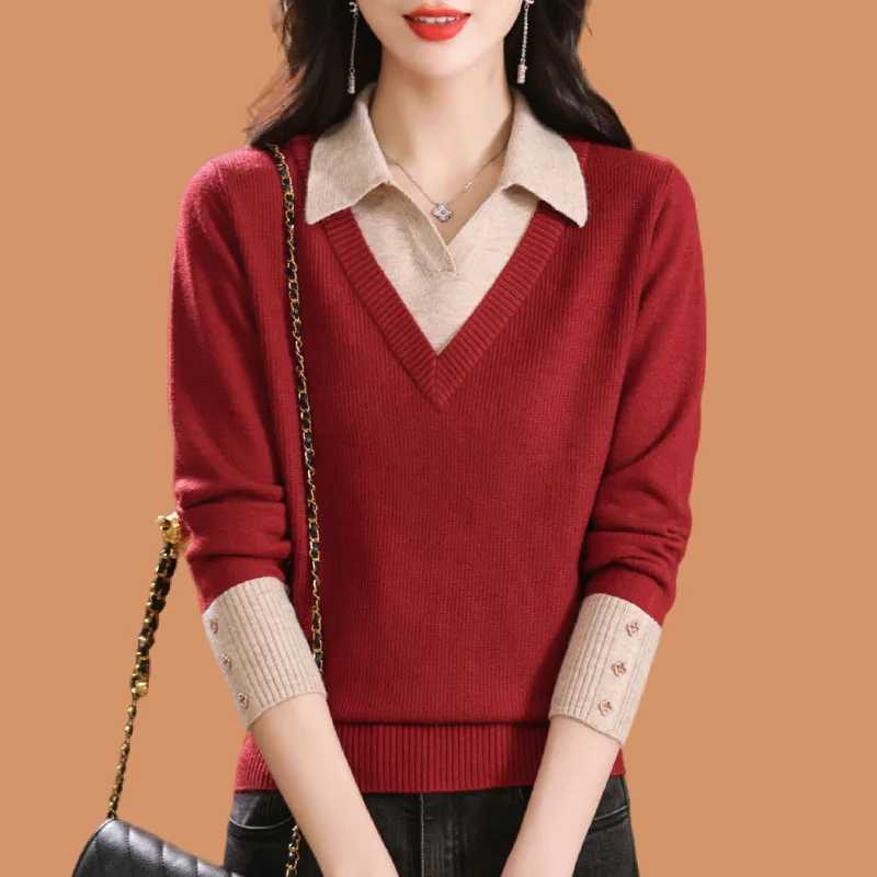 Women's Sweaters 2025 Autumn Winter Fake Two Pieces Women Sweater Pullover New Contrast Neck Patchwork Long sleeve Knit Tops Female Jumper D260