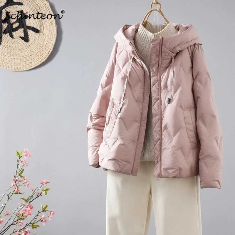 Schinteon Women Light 90% White Duck Down Jacket Casual Loose Autumn Winter Outwear with Hood Korean Style Coat 2026 New M260922