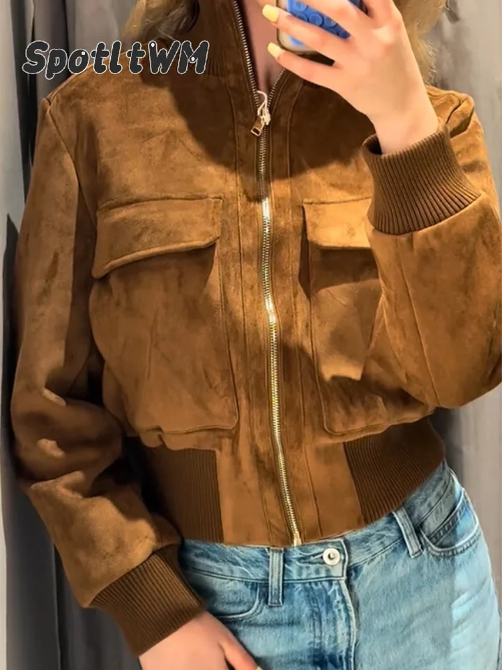 Women's Brown Faux Suede Cropped Bomber Jacket Stand Collar Ribbed Hem Cuff Metal Zipper Flap Patch Vintage Casual Coat 260922